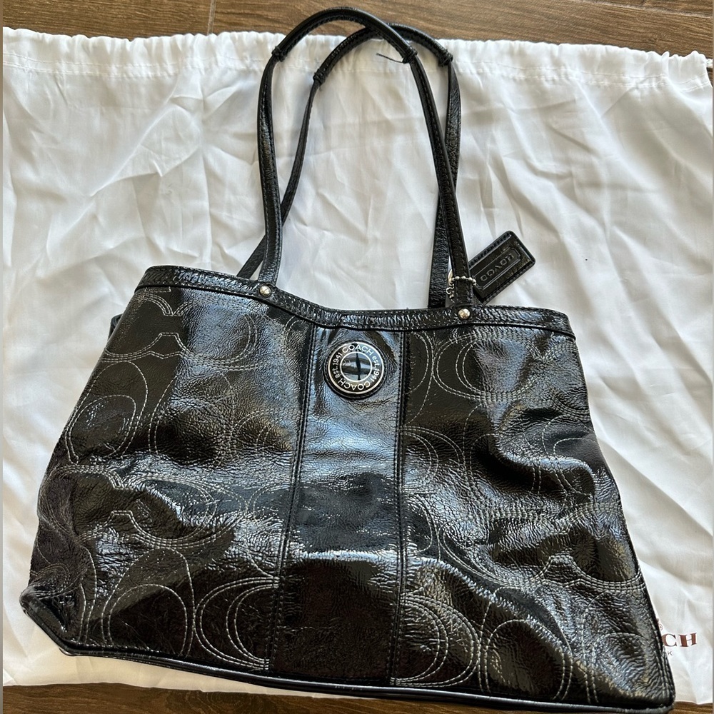 Coach Black Patent Leather Logo Kiss Lock Carryall Purse Bag Stitched C - Picture 4 of 8
